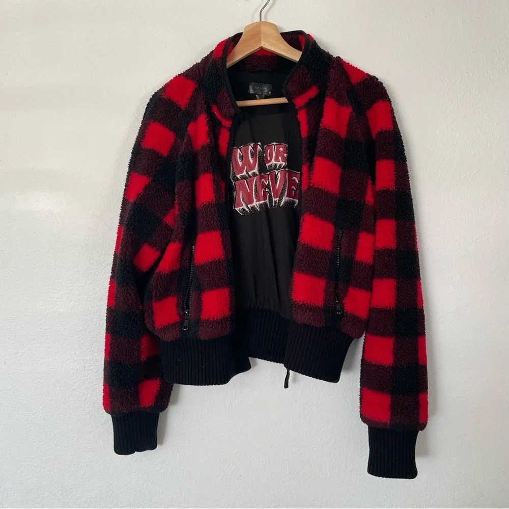 Mother denim the funnel neck bomber jacket buffalo plaid M - Picture 7 of 16